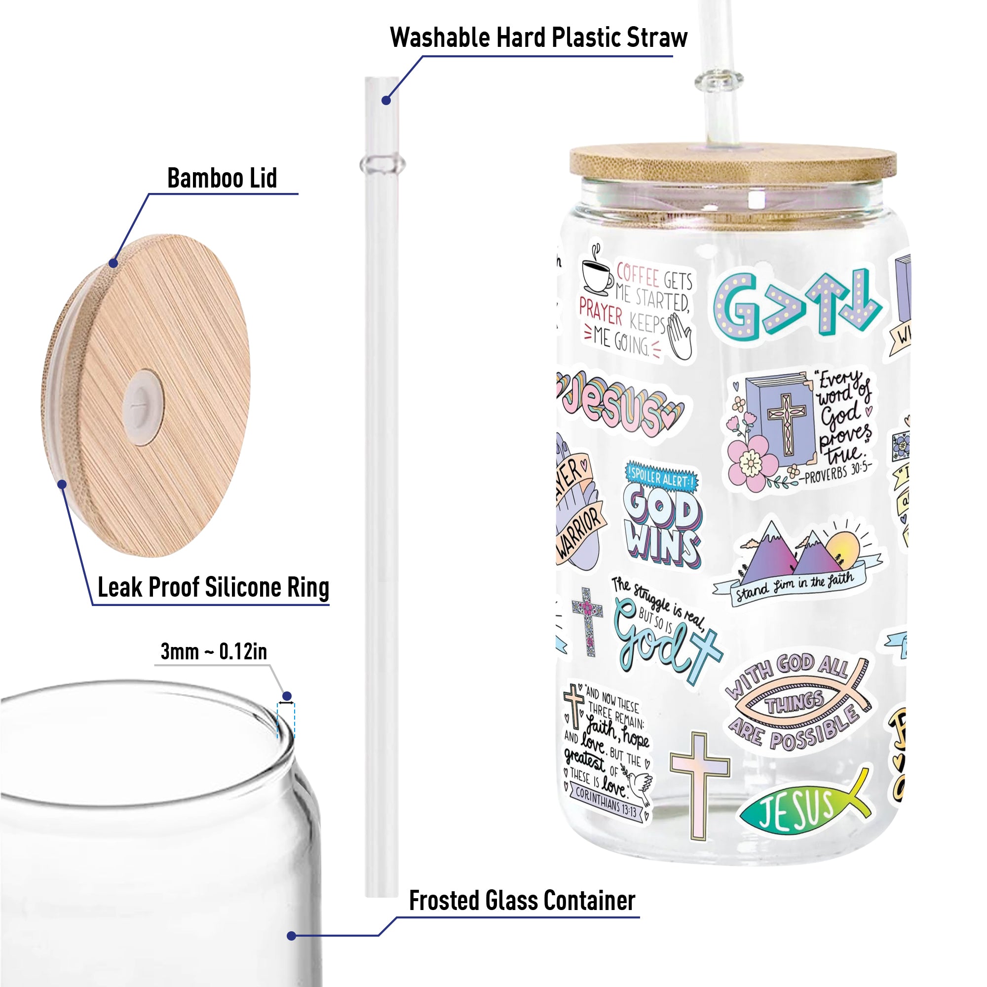 Christian Glass Can with Bamboo Lid and Straw, Scripture Cup, Bible Verse Sticker Design, Jesus Faith Iced Coffee Tumbler GCLAF30